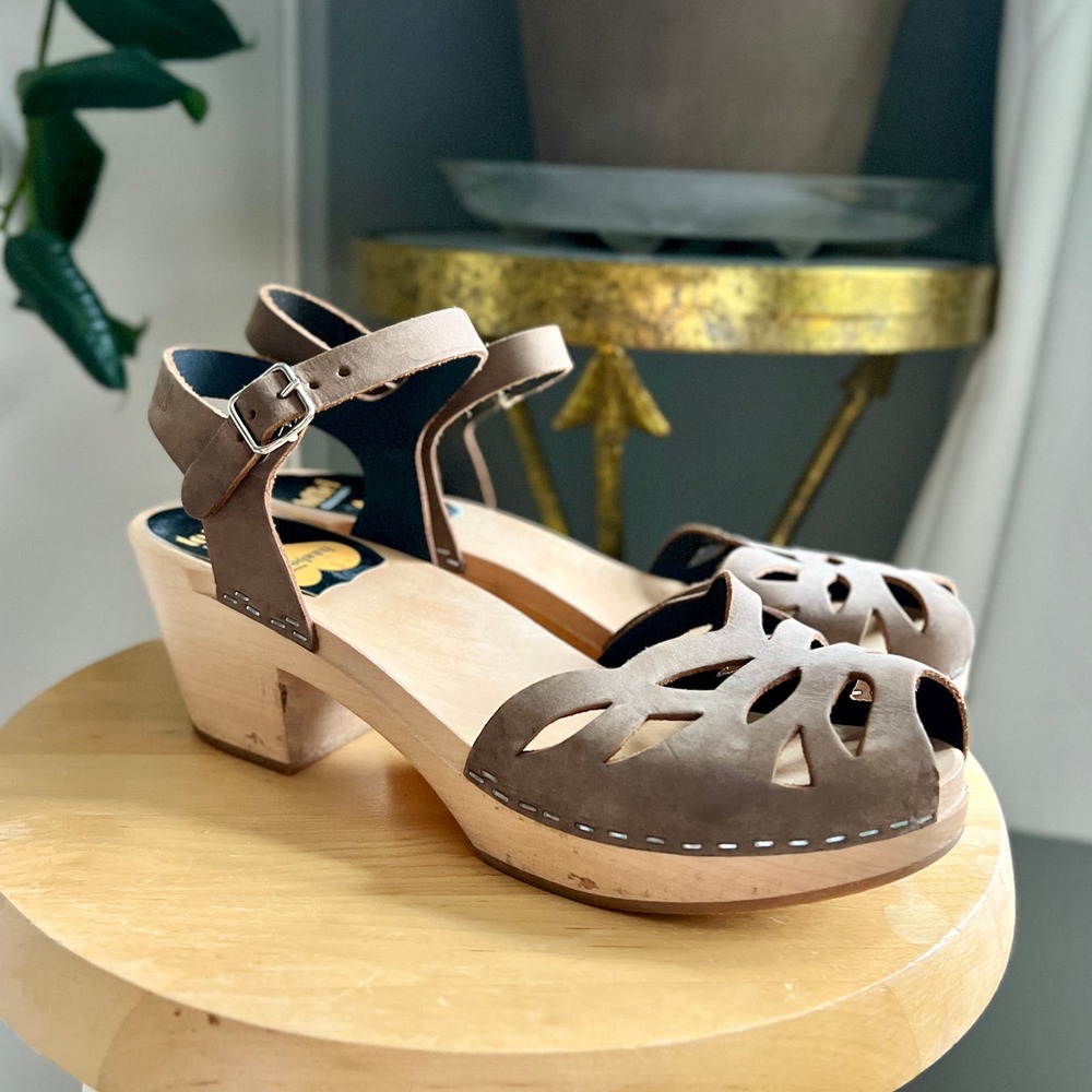 Swedish Hasbeens Taupe Suede Cutout Clog Sandals